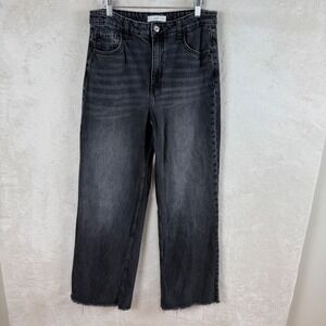 Mango MNG Womens High Waisted Wide Leg Jeans Frayed Hem Faded Black Size 8